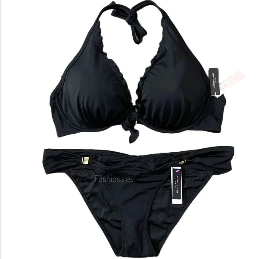 Victorias Secret Swim Capri Ruffle Bikini top Removable Push Up & Bottoms Set